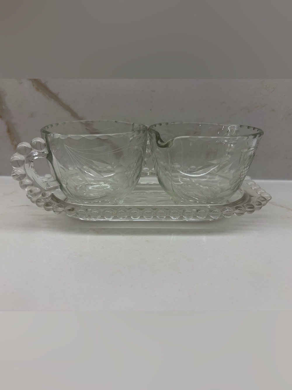 Vintage Imperial Glass Candlewick Sugar Creamer Set with Tray